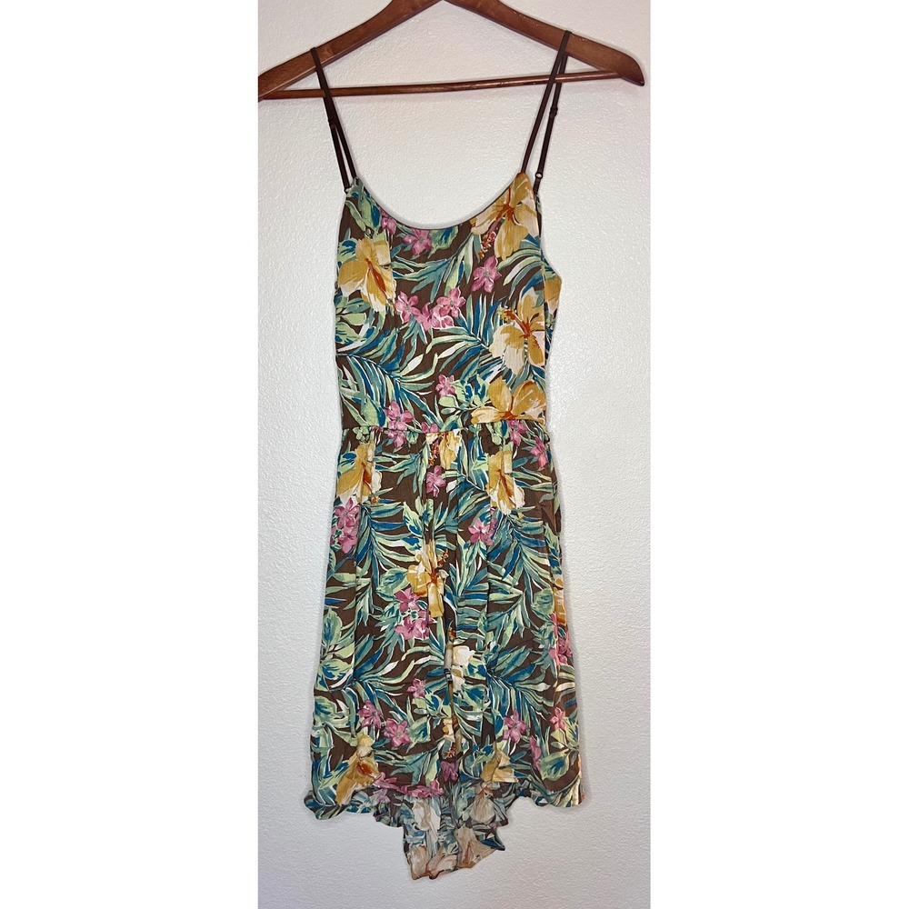 I Love Joan Tropical Floral High Low Dress Brown Hibiscus Tie Back Large